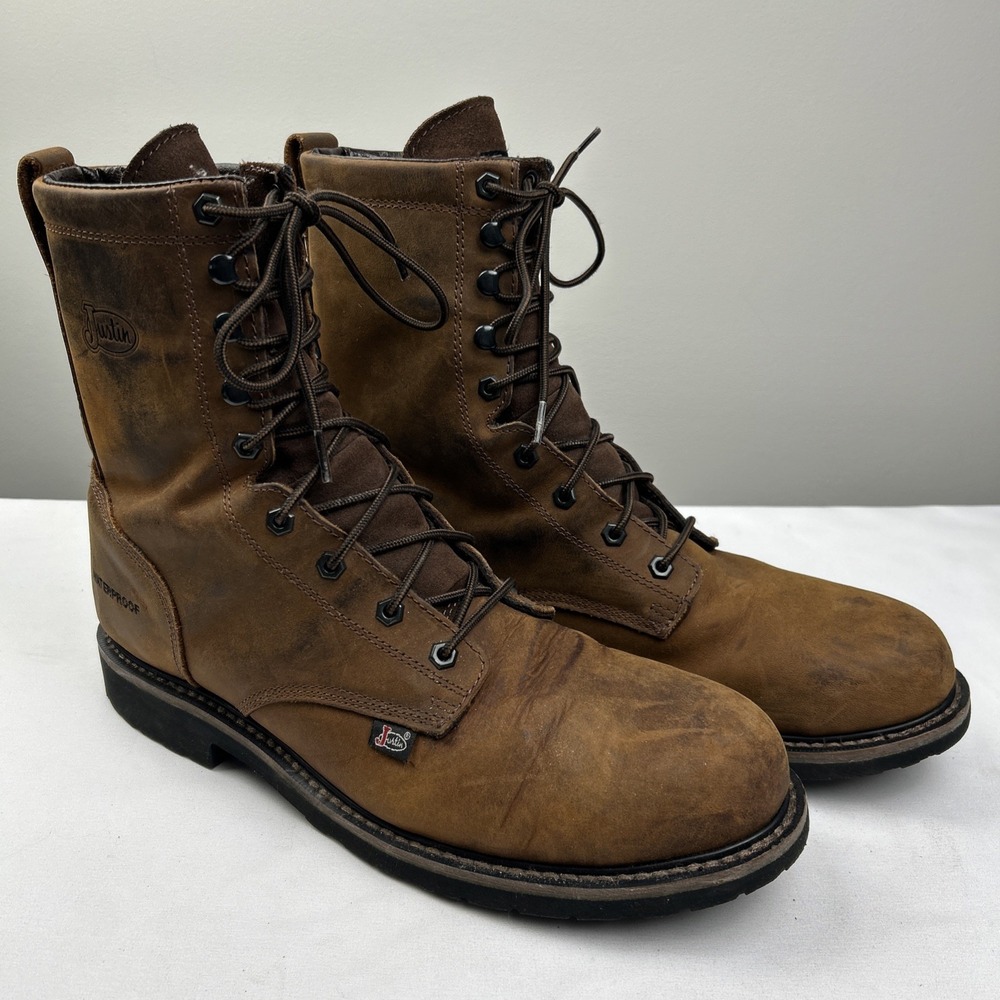 Justin Steel Toe Lace Up Waterproof Work Boots WK961 Men's Sz 13 D Brown Leather